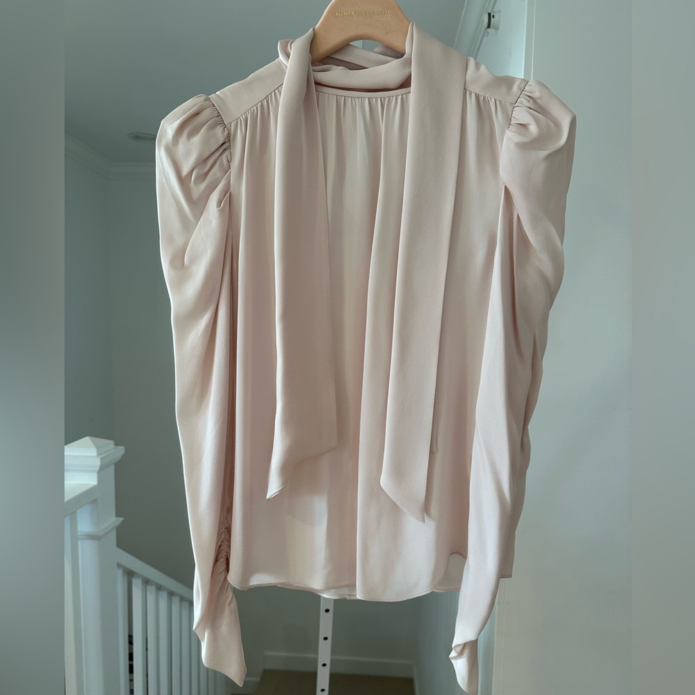 NEW Joie Tie Bow Long Puffed Sleeve Silk Blouse Medium $278 Retail - Picture 6 of 11